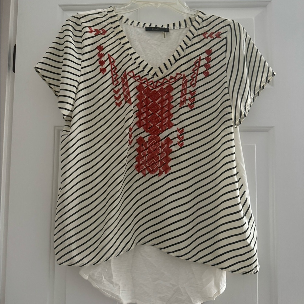 Striped V-Neck Top with Rust Embroidery